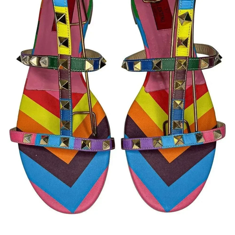 Valentino Multicolor Rockstud Gladiator Rainbow Leather Flat Caged Sandals EU 40